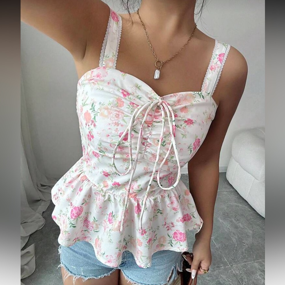 Peach and Pink Floral Peplum Top